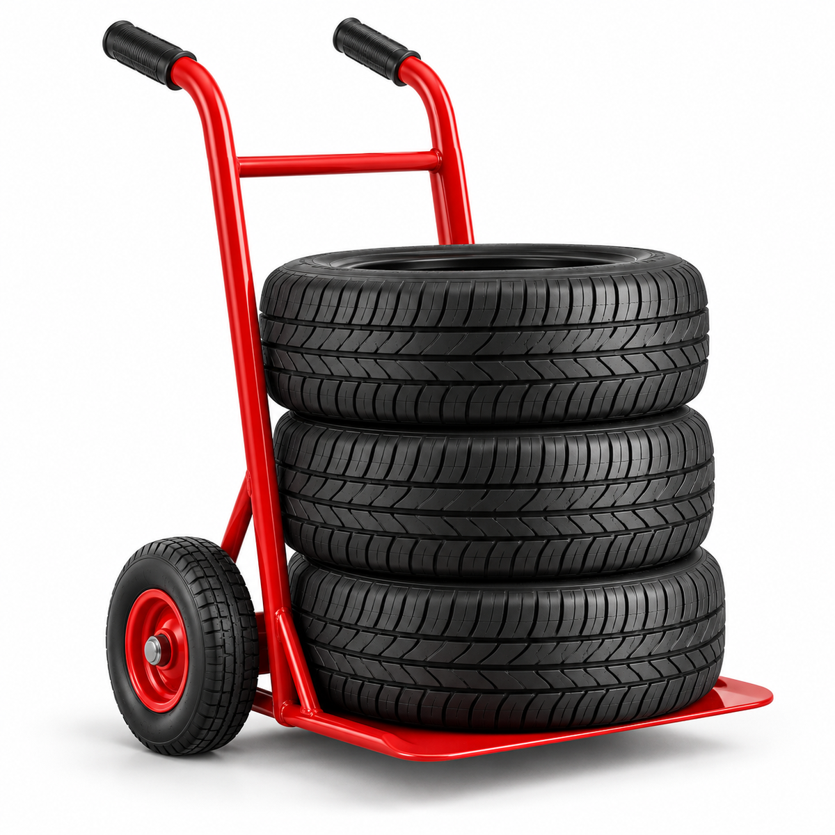 Tires prepared for transit on a red hand trolley